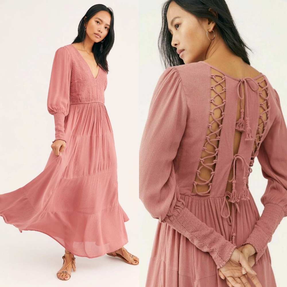 Free People Endless‎ Summer Wednesday Smocked Back Lace Up Maxi Dress XS Rose